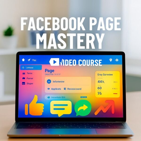 Facebook Page Marketing video course with resell rights, showing a laptop screen displaying Facebook page tools and analytics, with a clean workspace setup