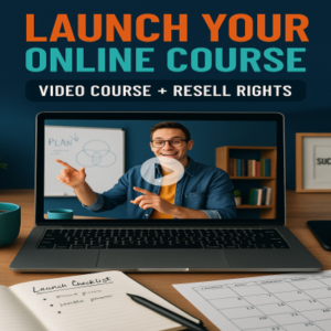 Launch Your Online Course video course with resell rights, showing an instructor teaching on a laptop screen, with a course planner, notebook, and digital workspace setup