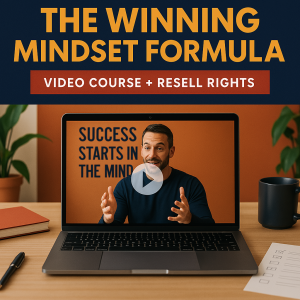 The Winning Mindset Formula video course with resell rights, featuring a motivational speaker on a laptop screen, surrounded by a journal, pen, and inspirational workspace setup