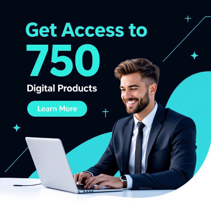 Smiling businessman in a suit using a laptop at a desk, advertising access to 750 digital products with the text “Get Access to 750 Digital Products” and a “Learn More” button.