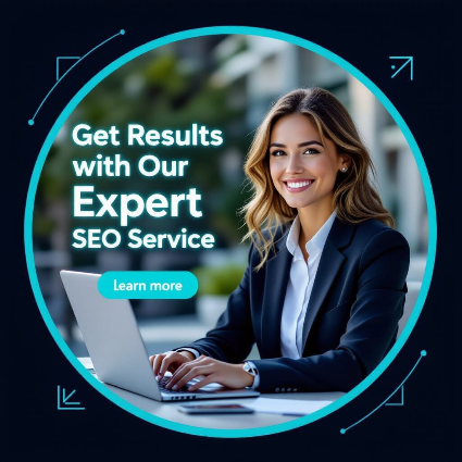 Professional woman in business attire smiling while working on a laptop outdoors, promoting expert SEO service with the text “Get Results with Our Expert SEO Service” and a “Learn more” button.
